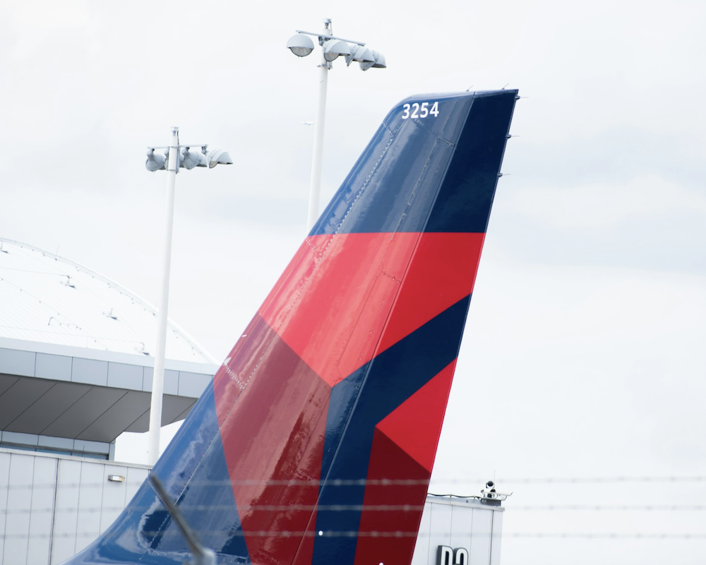 Close-up of Delta airplane tail.