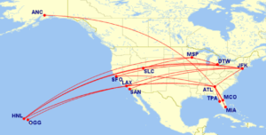 Map of all Delta domestic lay-flat routes for August 2025