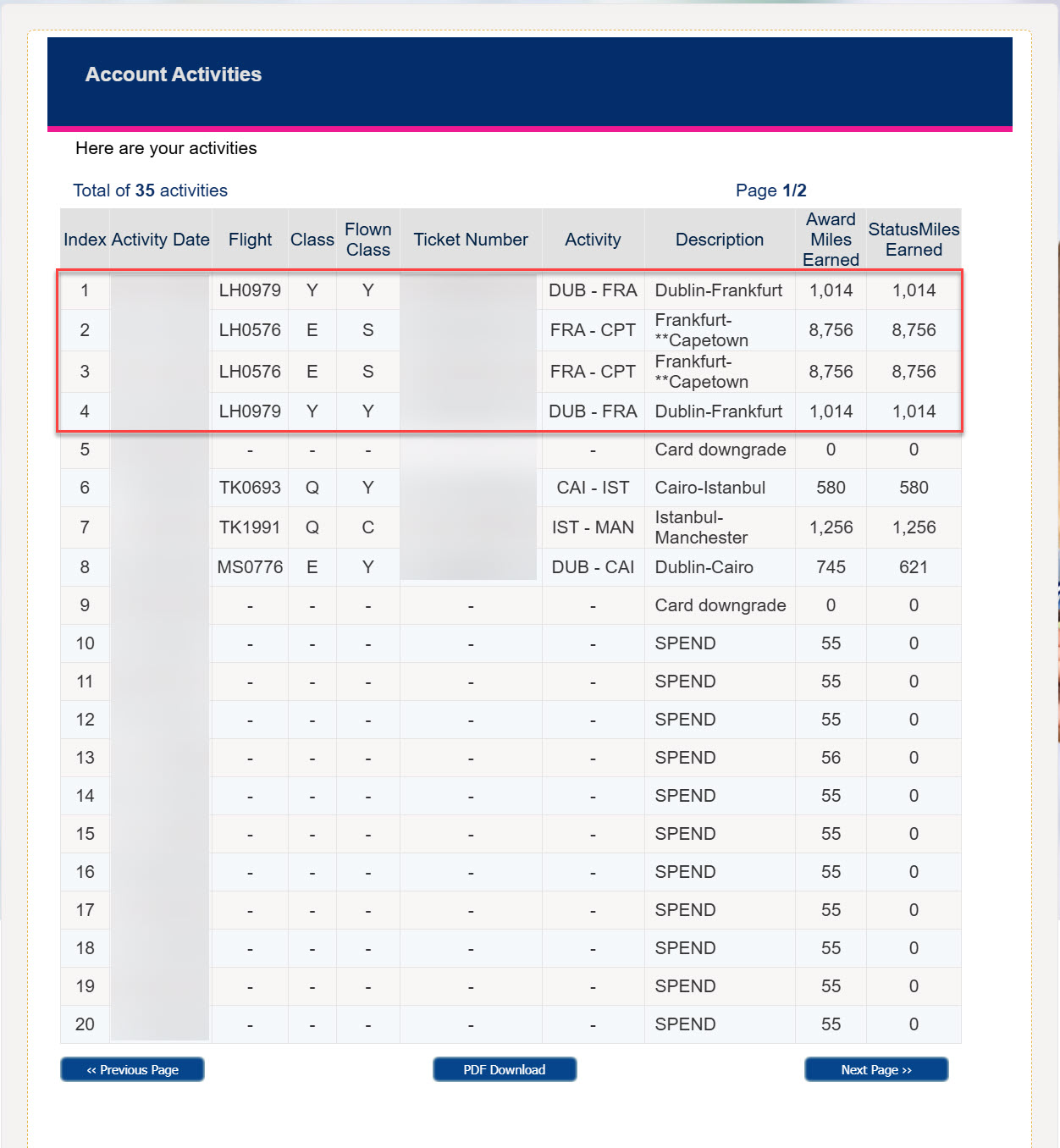 Screenshot of EgyptAir Plus account activity