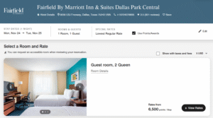 Screenshot of Marriott award pricing for Fairfield Inn Dallas