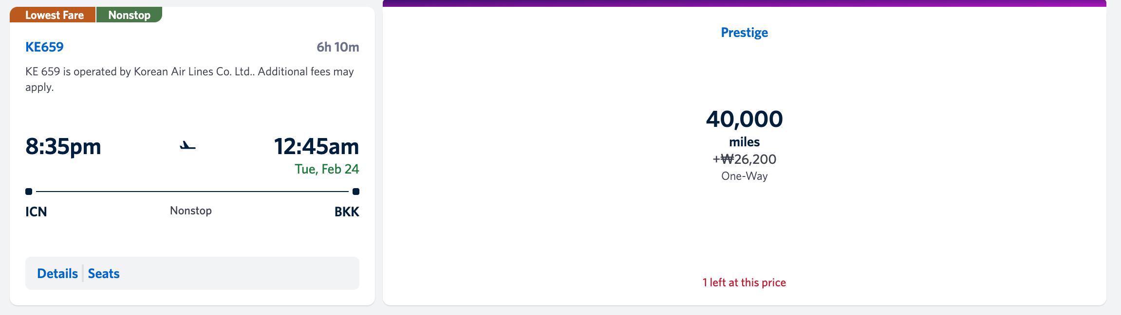 A Korean Air business class flight from Seoul to Bangkok for 40,000 Delta SkyMiles one-way