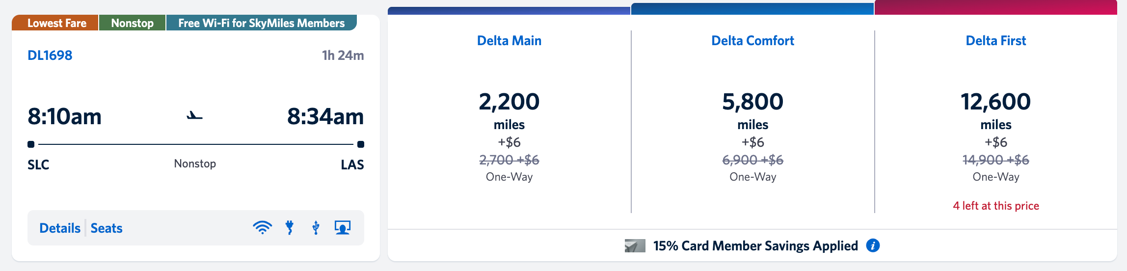 Cost of a Delta Air Lines flight from Salt Lake City to Las Vegas in SkyMiles