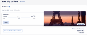 Screenshot of Flying Blue award from Los Angeles to Paris for 60k in business class