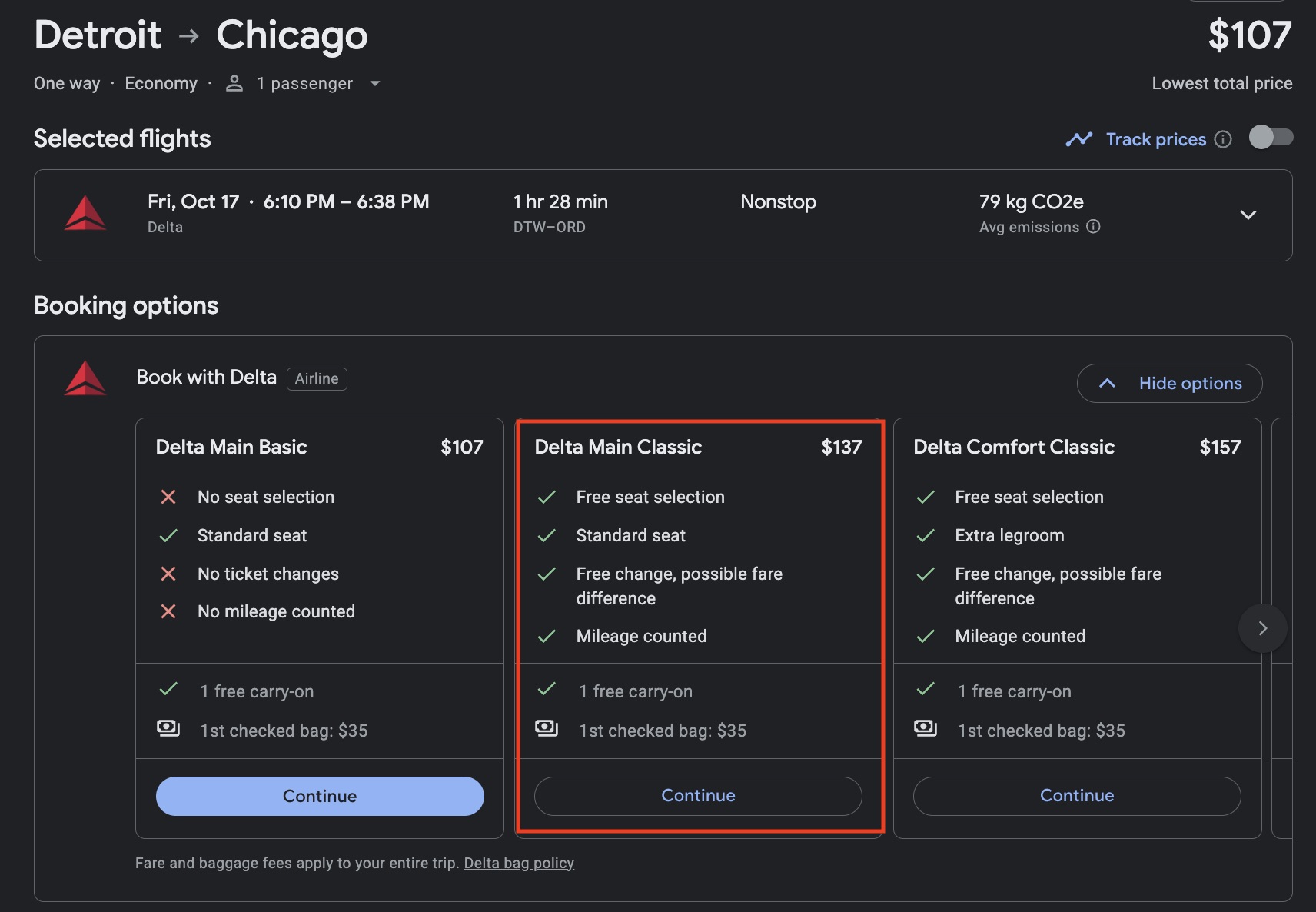 Cash price for a one-way flight from Detroit to Chicago.