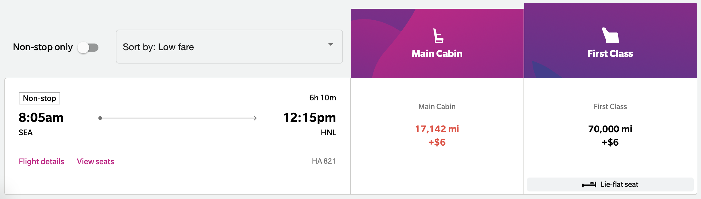 HawaiianMiles flight results from SEA to HNL