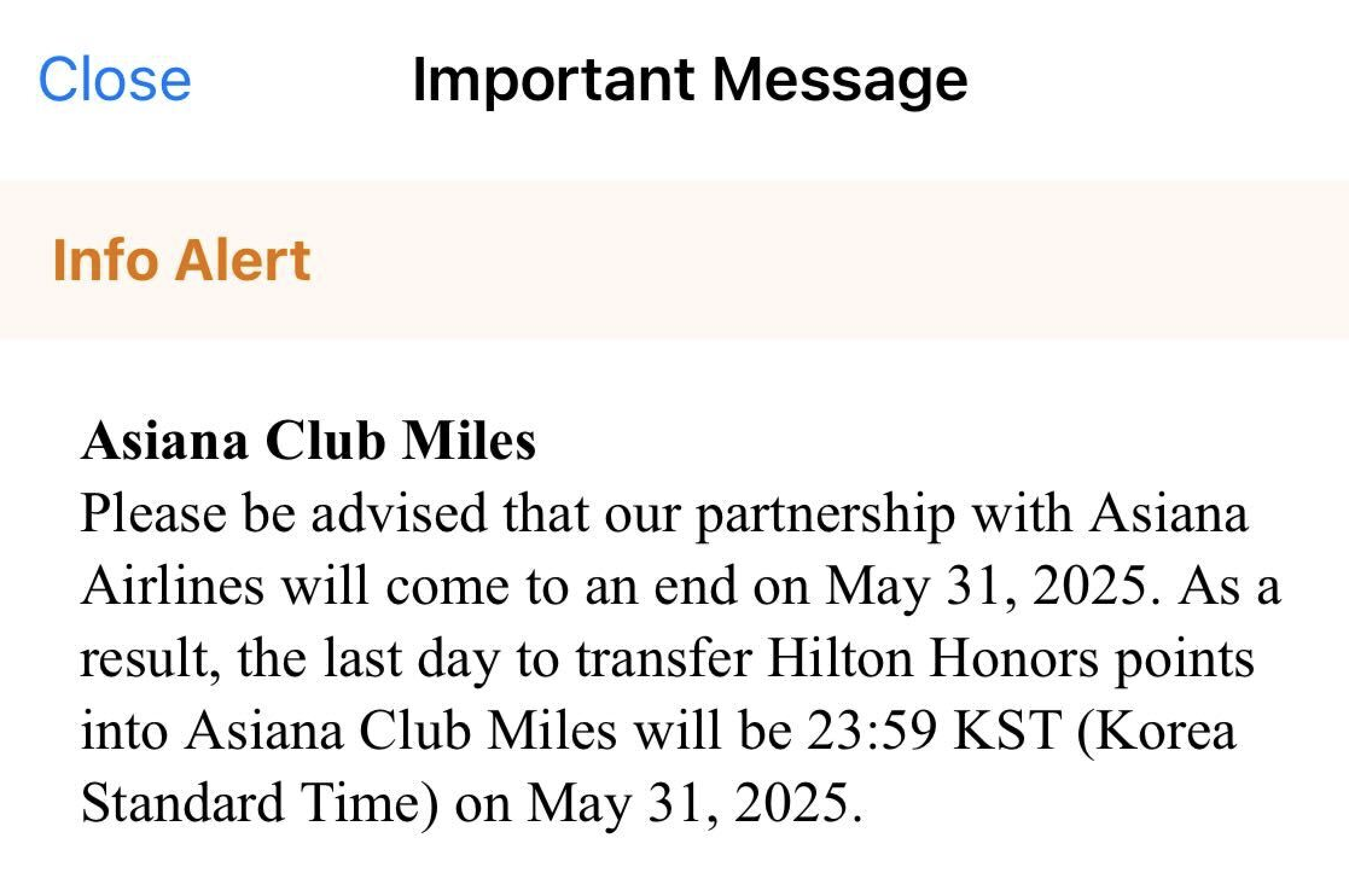 Hilton eliminates Asiana as transfer partner.