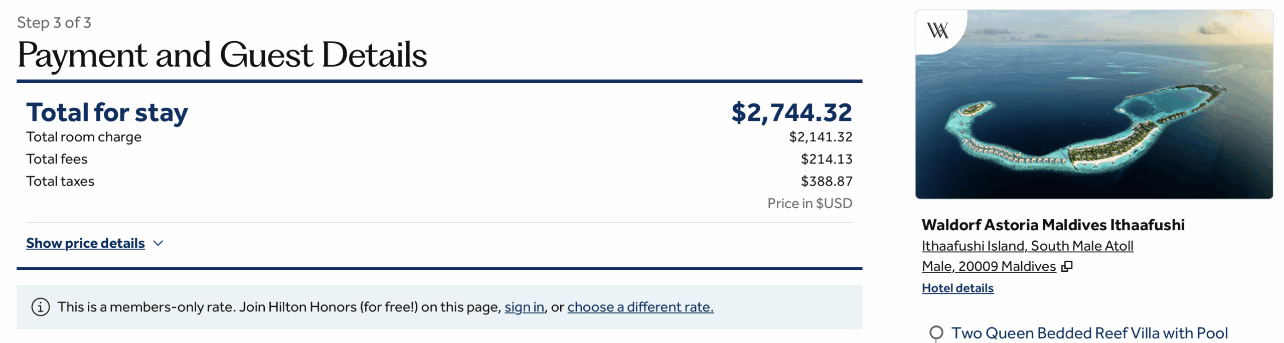 Waldorf Astoria Maldives Ithaafushi cash rate.