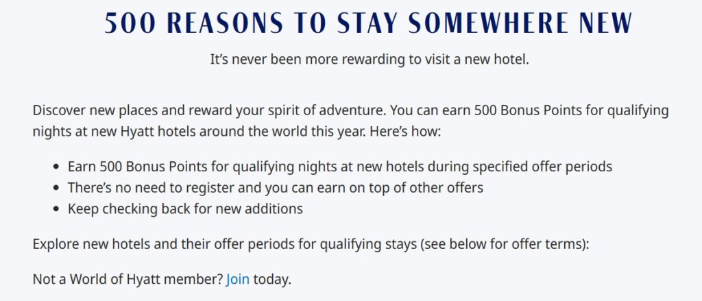 Hyatt 500 Points at New Properties Promotion