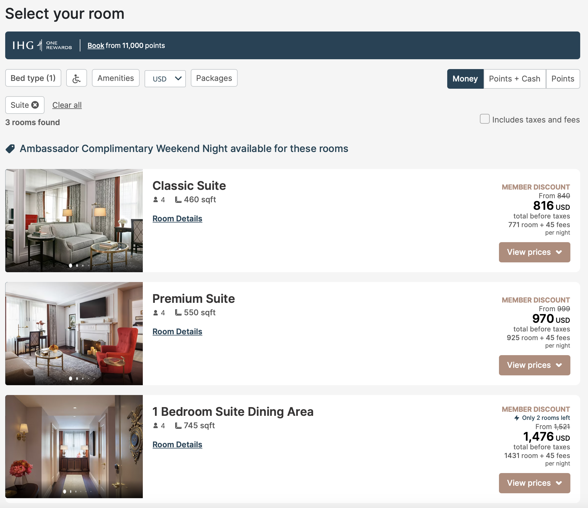 Room options for using the Ambassador Complimentary Weekend Night at the InterContinental New York Barclay