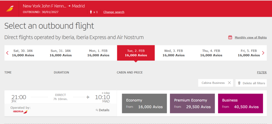 Iberia award search results from New York to Madrid showing availability in economy, premium economy, and business