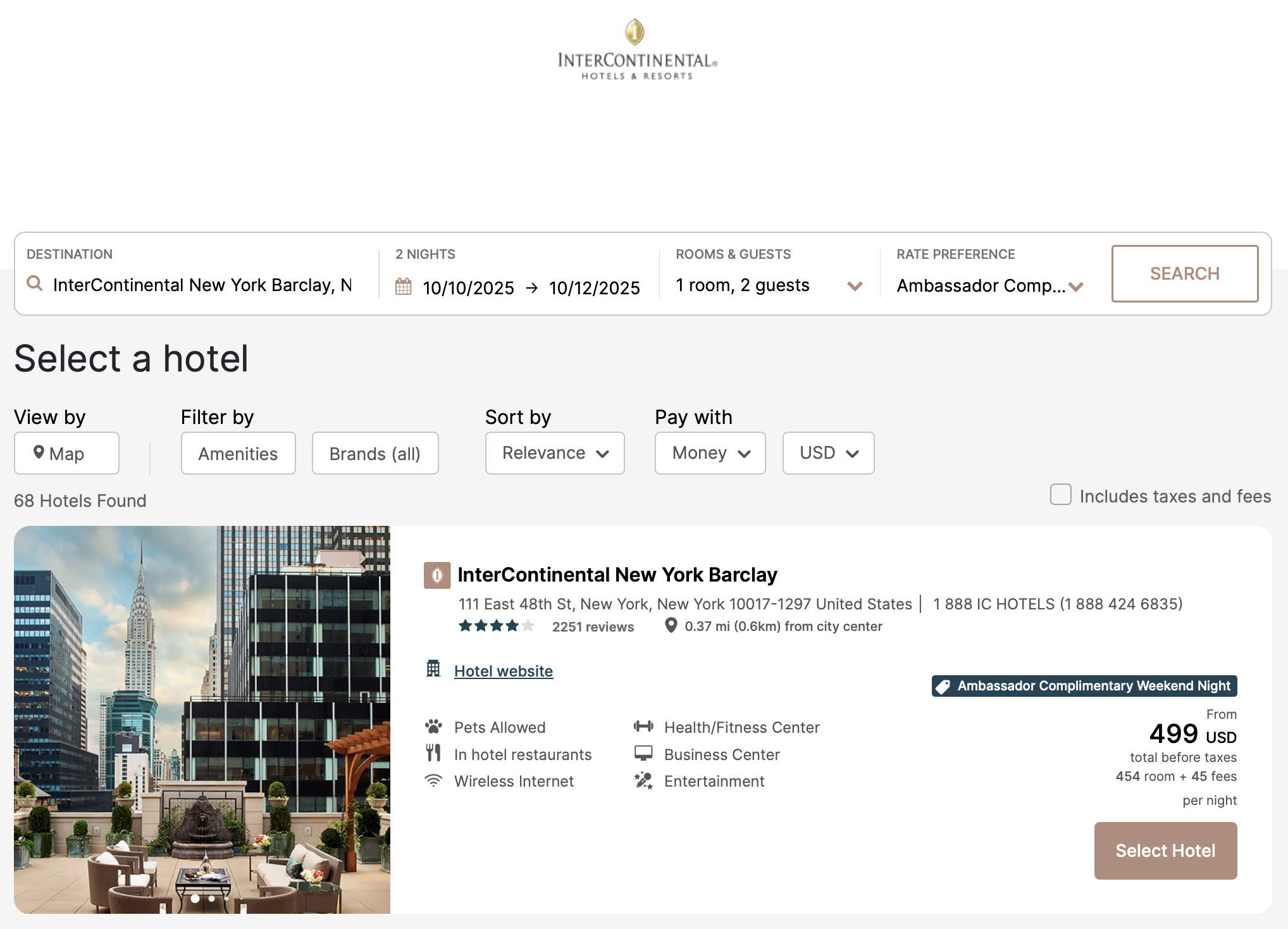 Ambassador Complimentary Weekend Night available for a stay at the InterContinental New York Barclay in October 2025