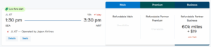 Seattle to Tokyo flight on Japan Airlines for 60,000 Alaska miles in business class