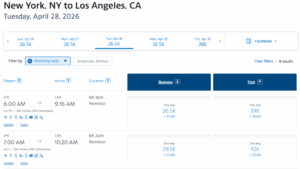 Screenshot of American Airlines award search results between New York and Los Angeles in premium cabins