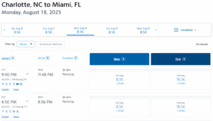 Screenshot showing AAdvantage award search results from Miami to Charlotte in lay-flat first class using AAdvantage miles
