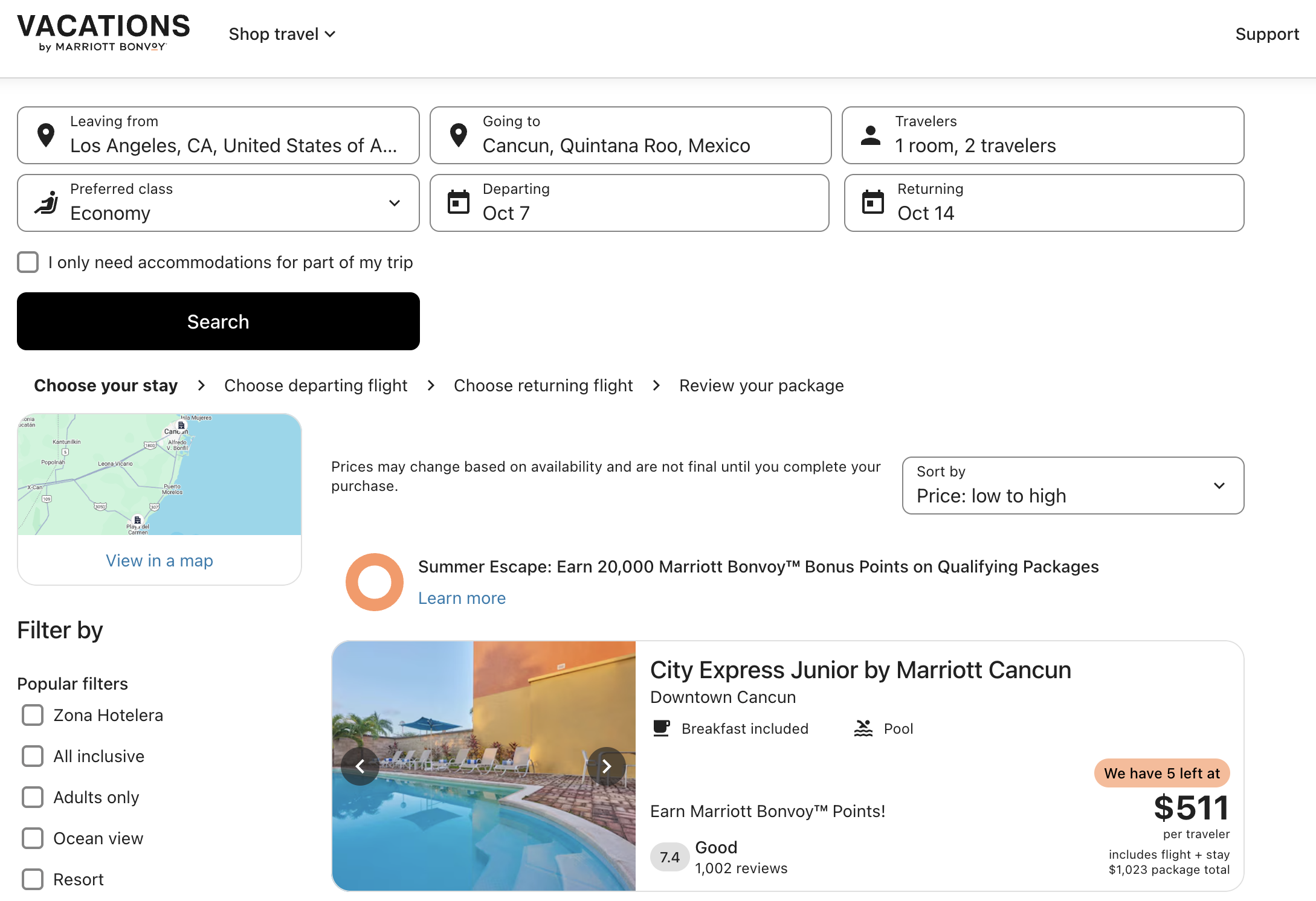 Vacations by Marriott example booking in Cancun.