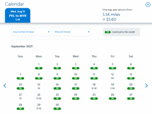 Screenshot of American Airlines award calendar for award flights between Philadelphia and Myrtle Beach for 5,000 miles each way