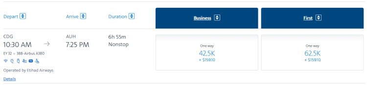 An Etihad flight from Paris (CDG) to Abu Dubai bookable with AA miles