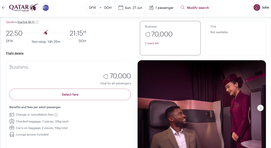 Qatar Qsuite award search results from Dallas to Doha using Qatar Privilege Club