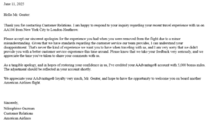 Screenshot of American Airlines Customer Relations response