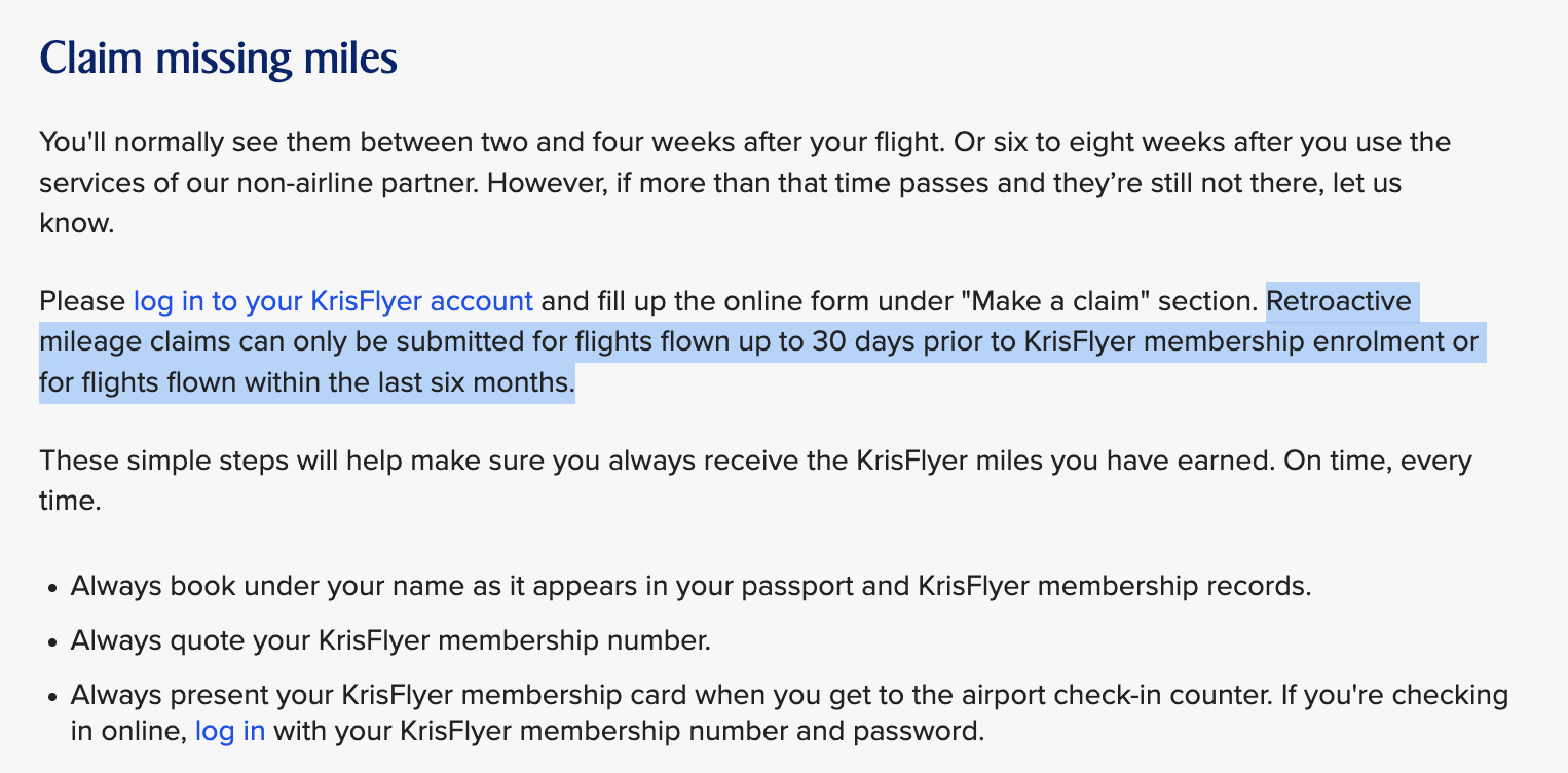 Singapore Airlines mileage request form.
