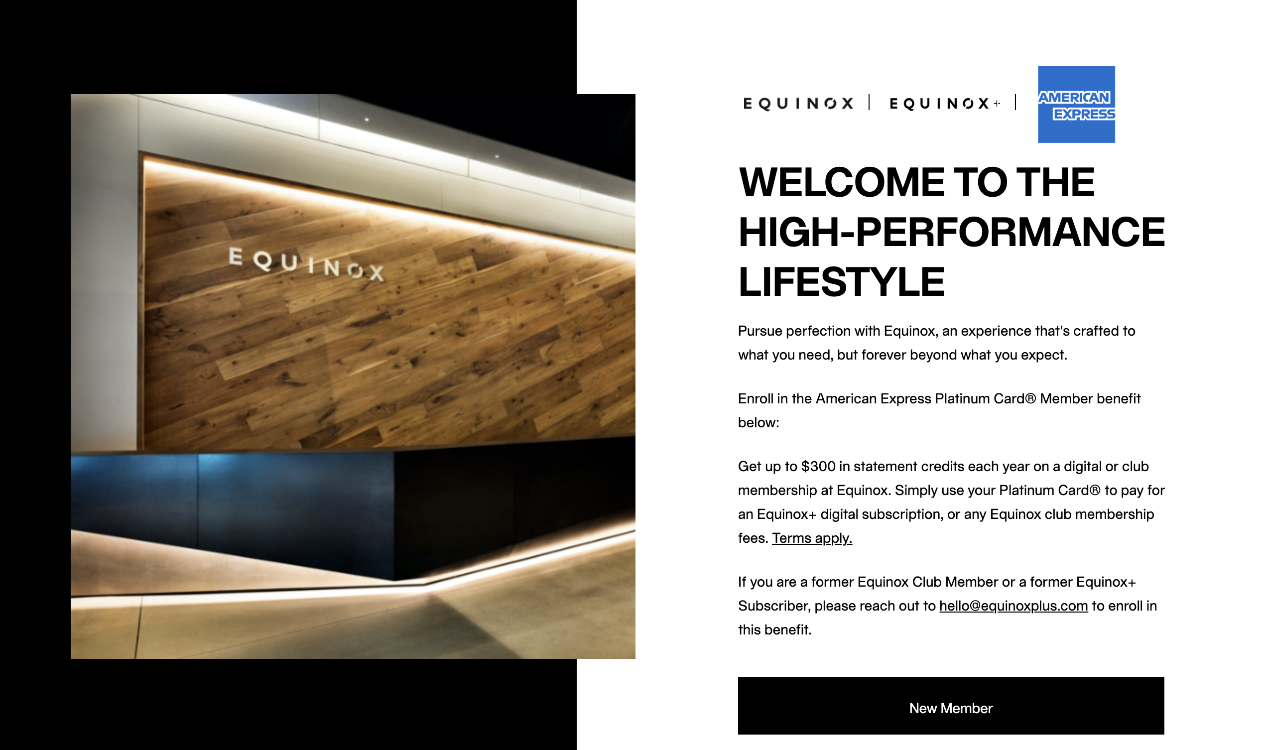 A screenshot from the Equinox / American Express Platinum enrollment website.