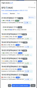 List of SFO-MUC flights in business with Aeroplan miles