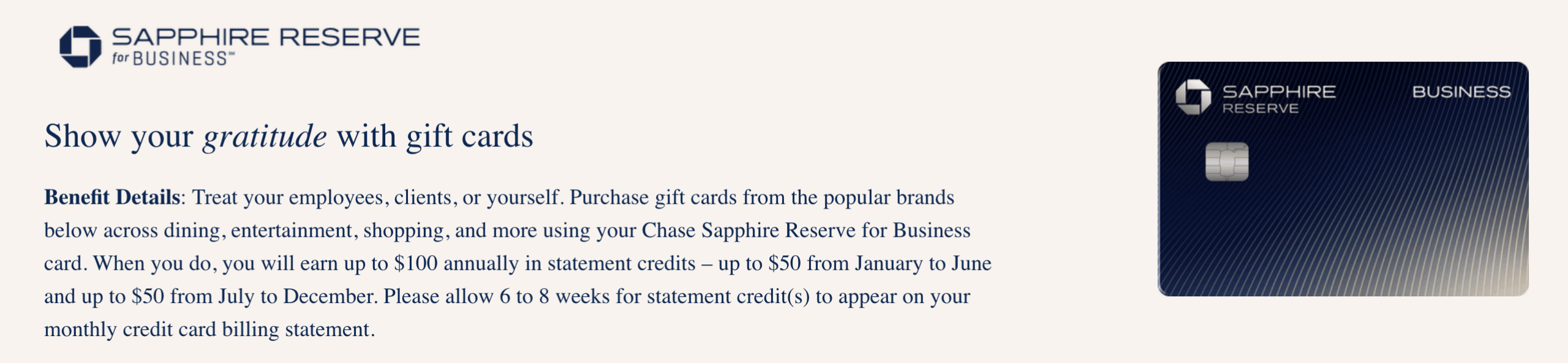 A screenshot showing the Sapphire Reserve for Business gift card benefit details.