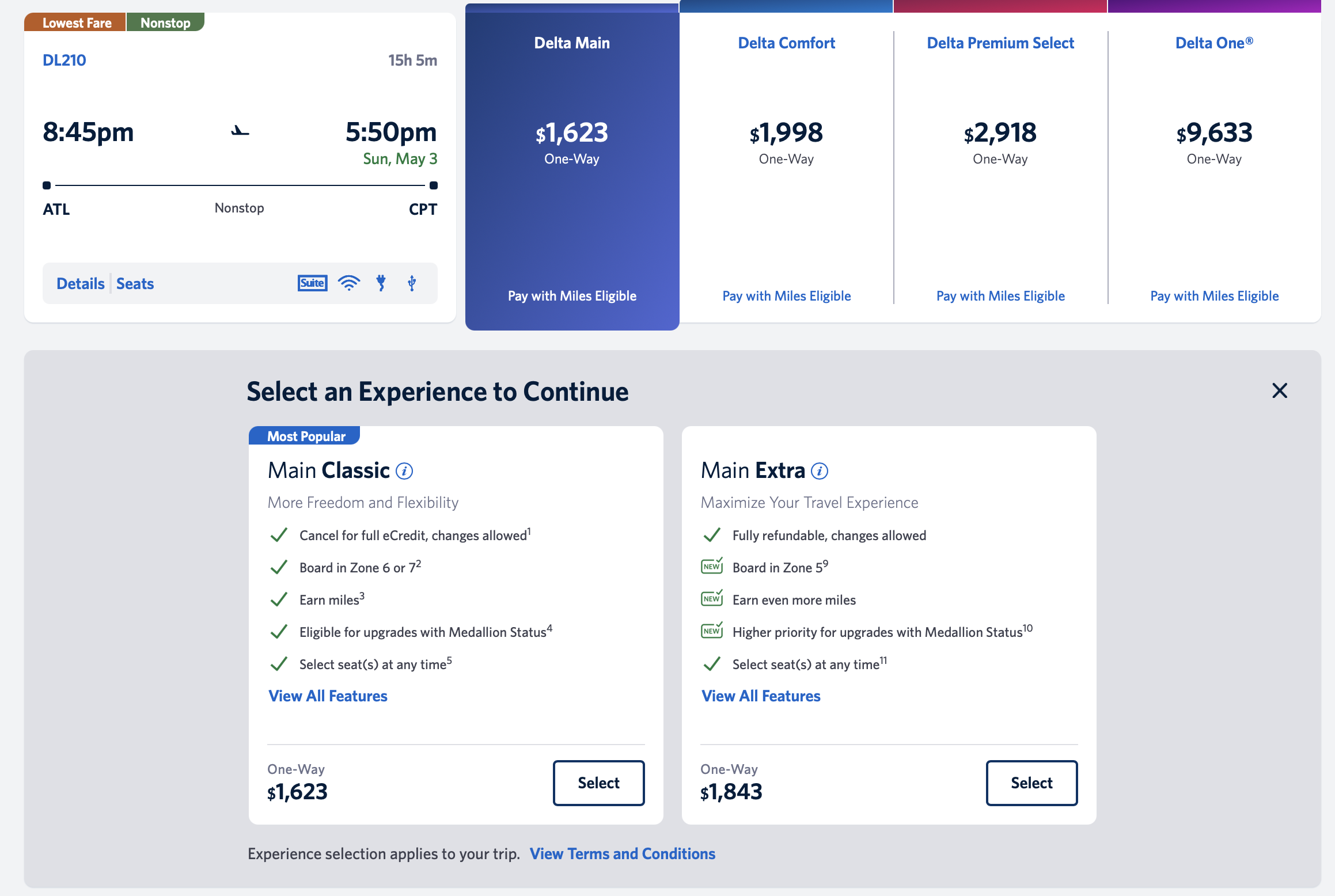A screenshot showing the fare classes for a flight from Atlanta to Cape Town