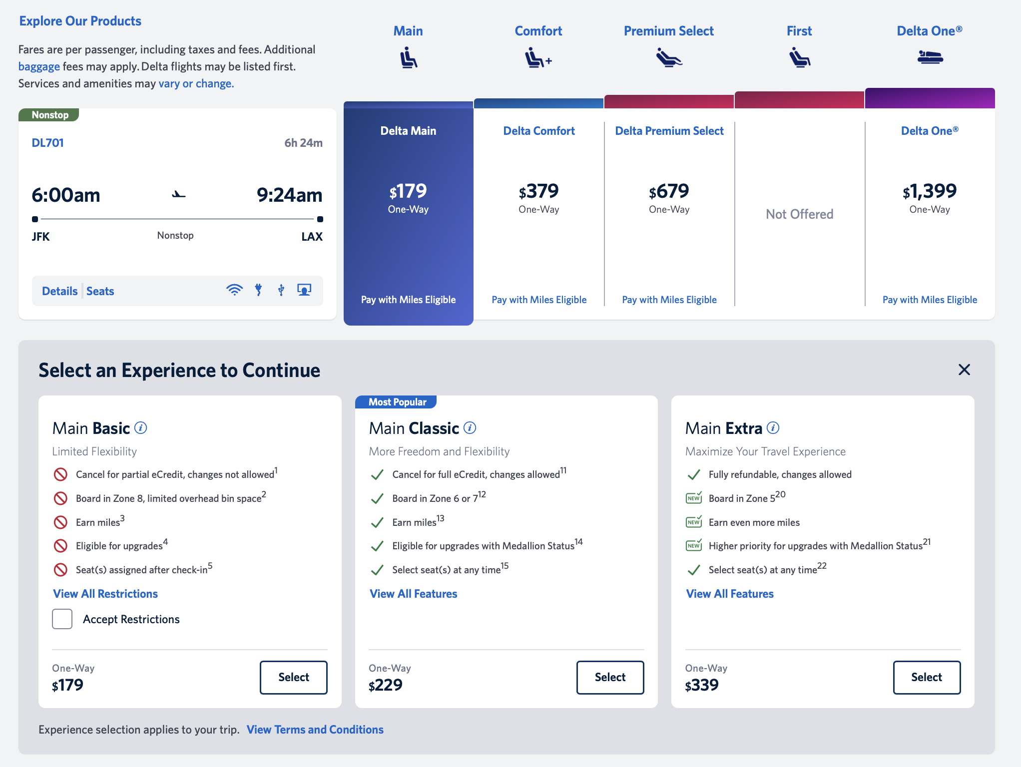 A screenshot showing the fare classes on a flight from JFK to LAX.