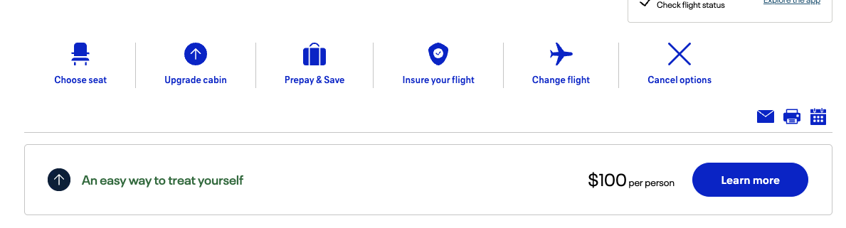 Icons for actions on your United reservation