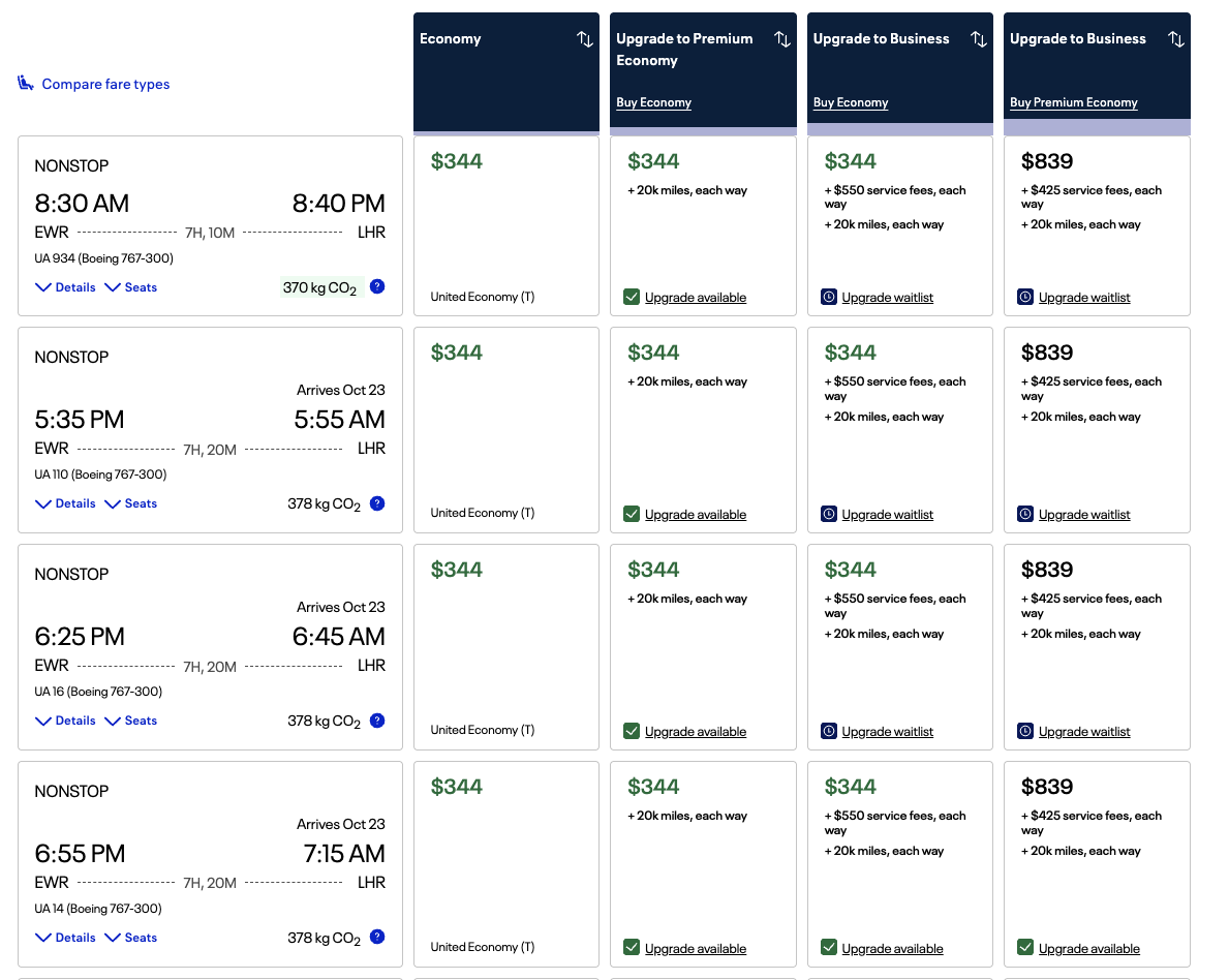 MileageUpgrade award availability from Newark to London. Most Polaris seats are waitlist except for the 6:55 PM flight which is available at $344 for the economy fare + $550 service fee + 20k miles