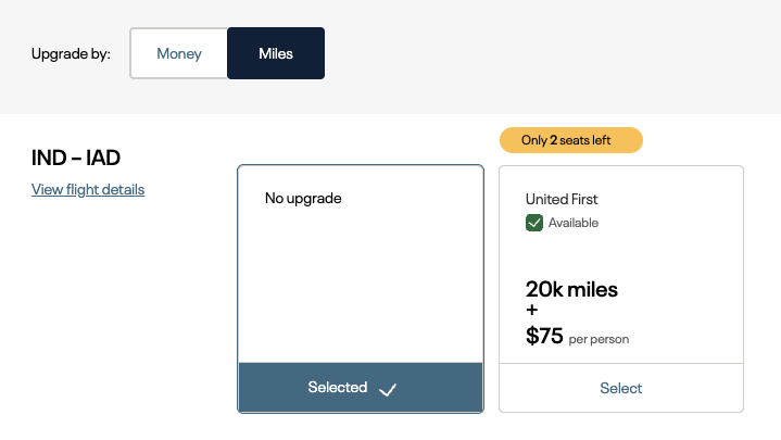 Example flight from IND to IAD with a MileagePlus Upgrade award available at 20k miles + $70 fees