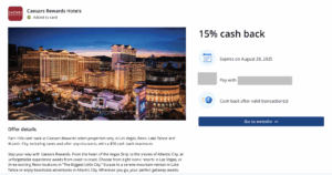 15% cash back at Caesars Rewards Hotels