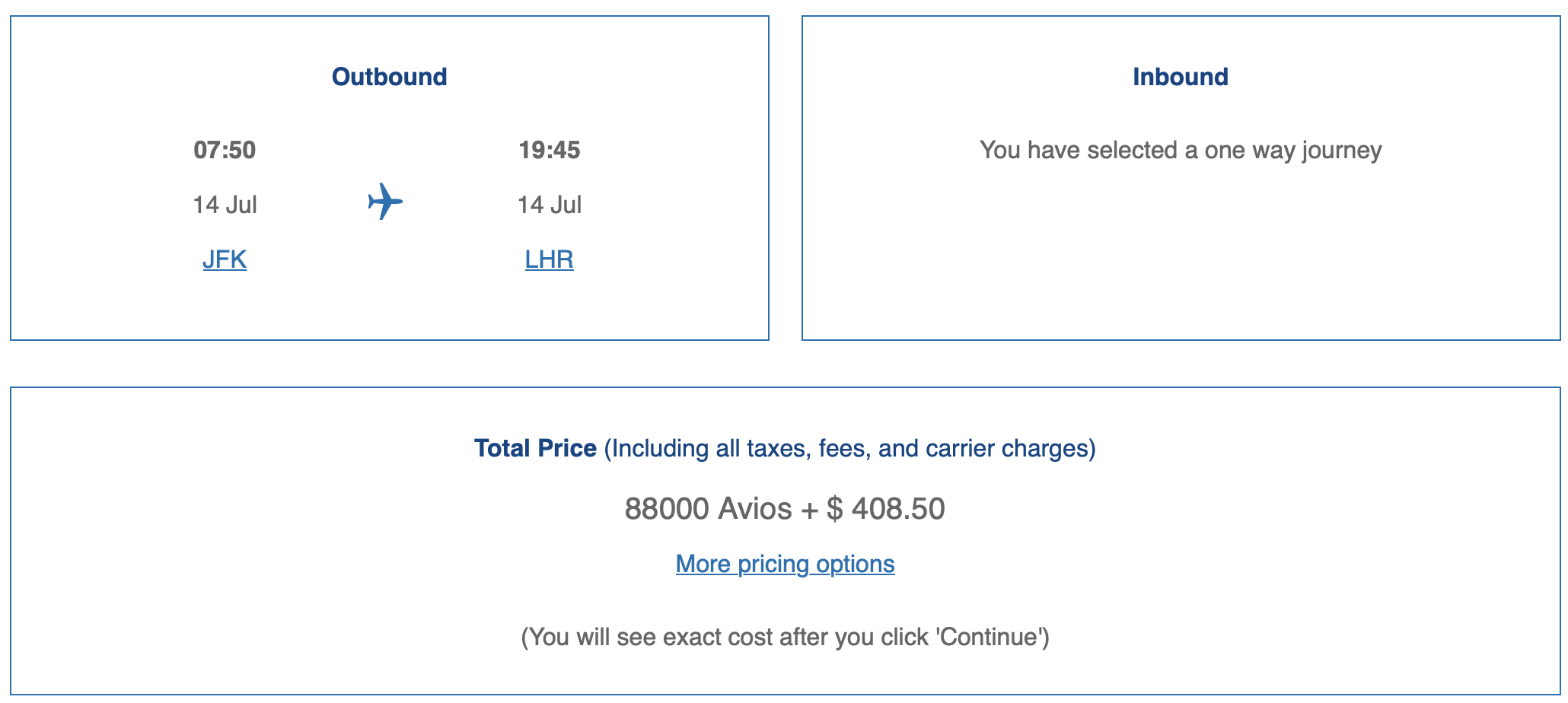 JFK to LHR business class using Avios