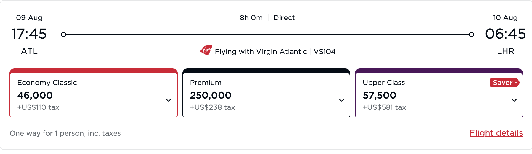 ATL to LHR using Virgin points