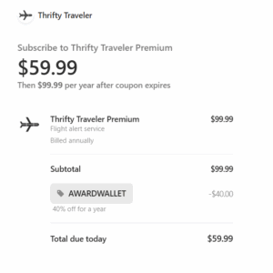 Screenshot showing Thrifty Traveler Premium checkout page with promo code AWARDWALLET applied