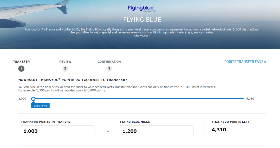 Screenshot of transferring Citi ThankYou points to Flying Blue with a 20% transfer bonus