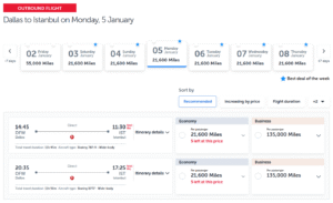 Turkish Airlines award search results from Dallas to Istanbul
