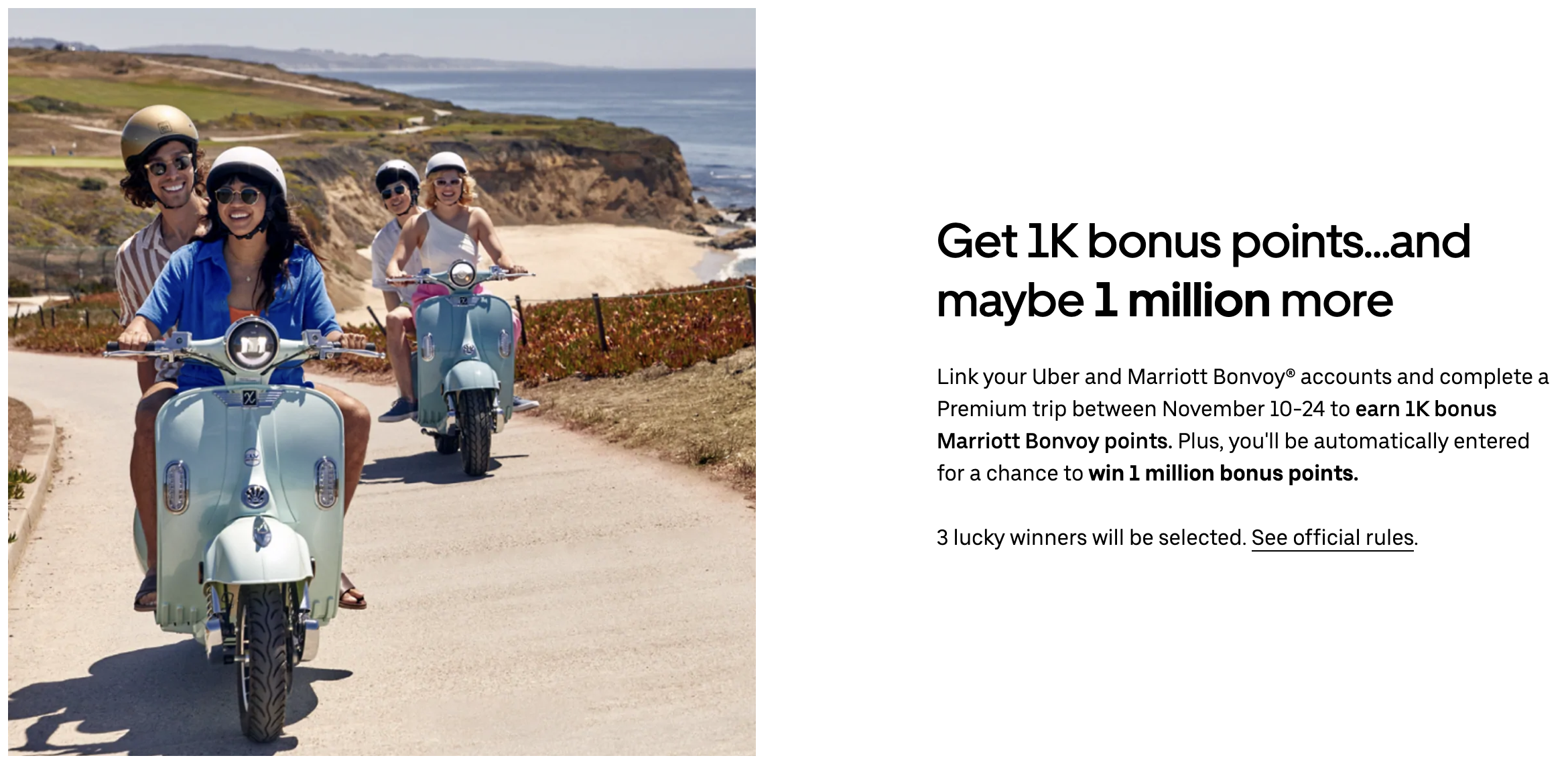 Marriott/Uber linking bonus, sweepstakes promo banner.