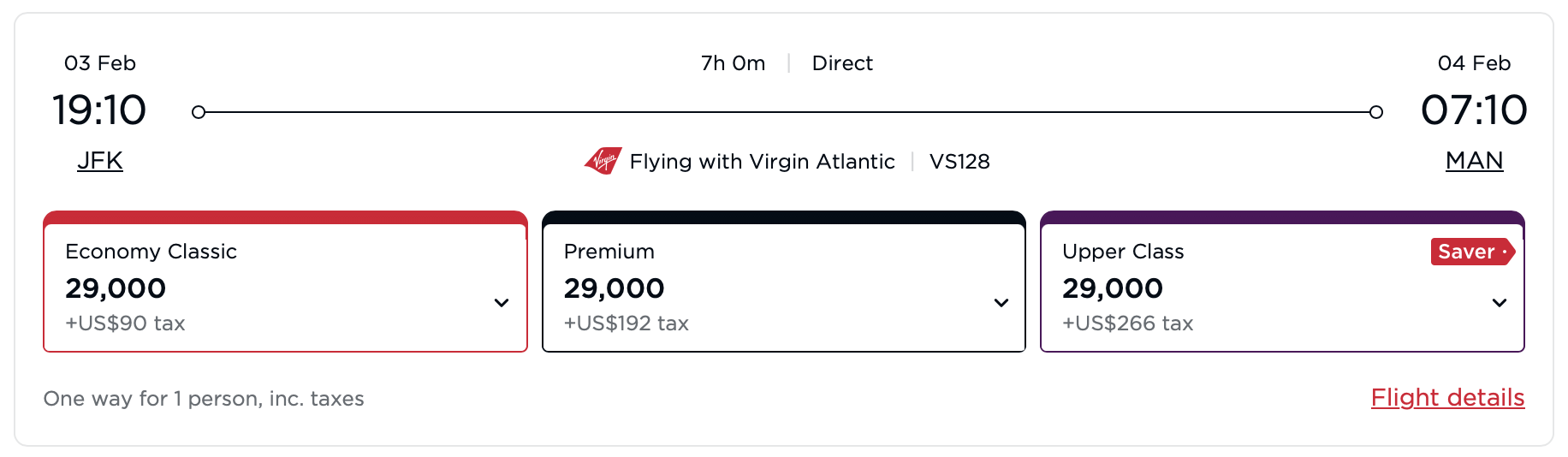 Virgin Atlantic award itinerary from JFK to MAN.