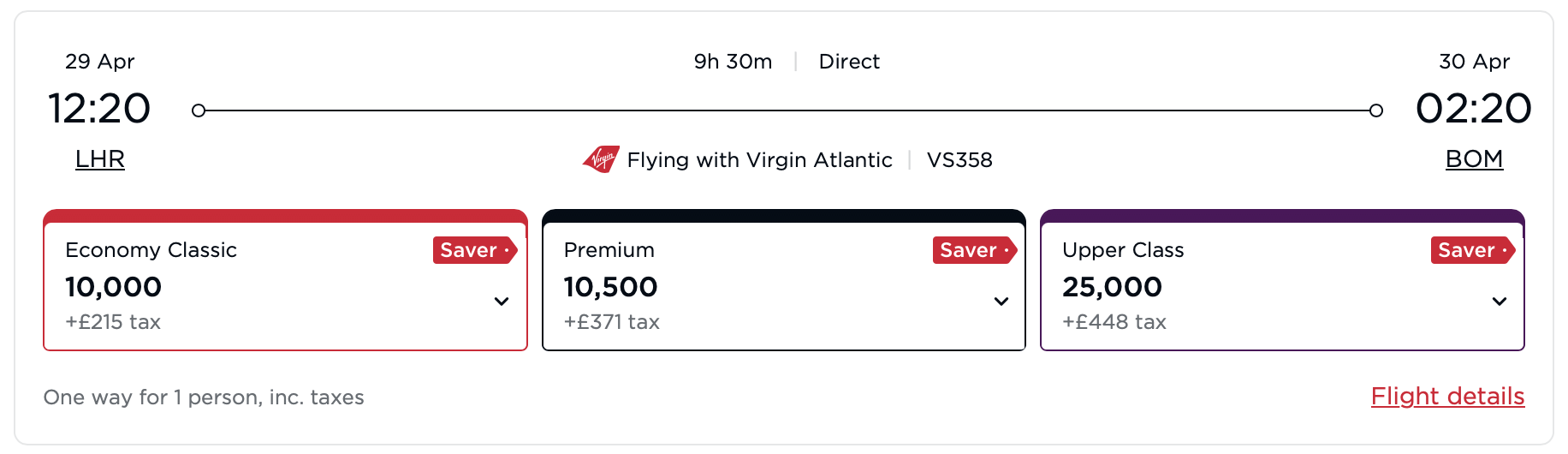 Virgin Atlantic award itinerary from LHR to BOM.