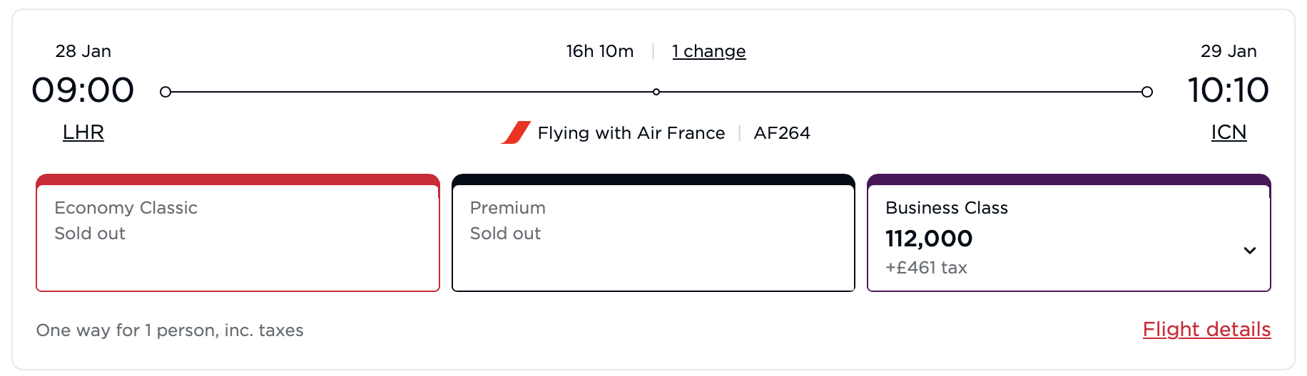 Virgin Atlantic award (operated by Air France) itinerary from LHR to ICN.