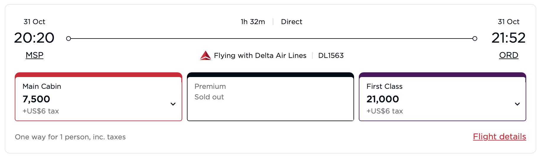 Virgin Atlantic award itinerary (operated by Delta) from MSP to ORD.