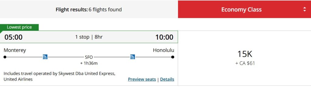 Screenshot of an Aeroplan award for flights from Monterey to Honolulu, Hawaii