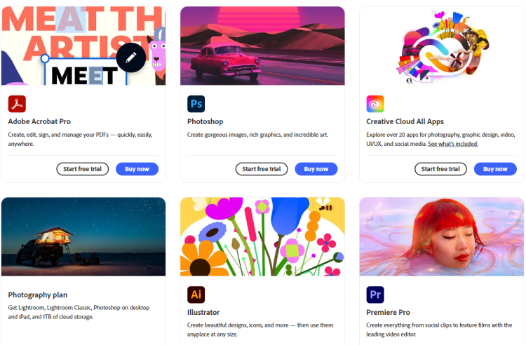 A screenshot from Adobe shows the different products they offer.