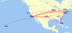 Map of all domestic routes where American Airlines is flying lie-flat seats in August 2025