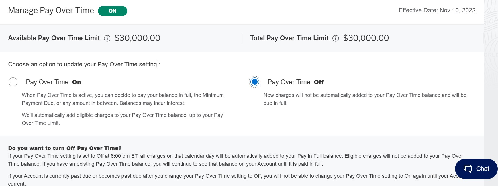 Amex Pay Over Time unenroll option