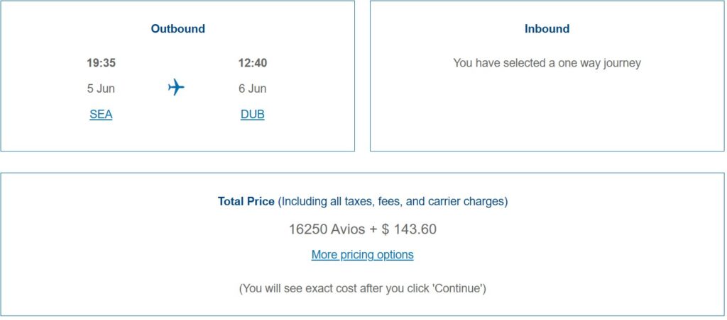 Economy to Europe - SEA to DUB on EI, actual pricing