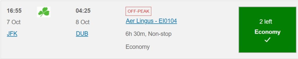 Economy class to Europe - JK to DUB on EI