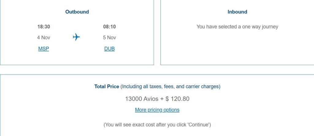 Economy to Europe - MSP to DUB on EI, actual pricing